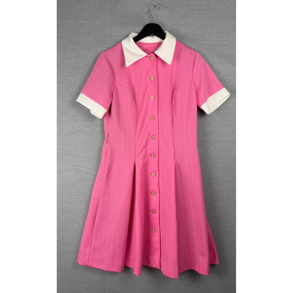 Vintage Pink Pinstripe Mod Shirt Dress White Collar Contrast Mini Retro 60s 70s - Picture 1 of 9